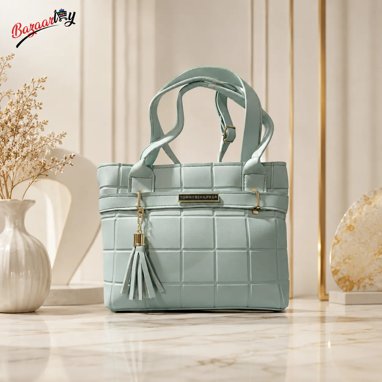 Elegant Light Green Tote Bag for Women – Textured Handbag with Tassel Charm